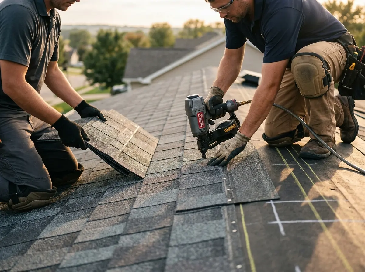 Professional roofer working on a residential roof in Tuscaloosa